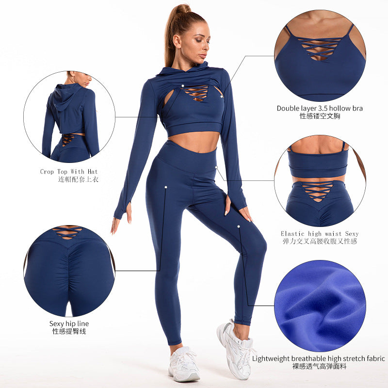 3pcs Sports Suits Long Sleeve Hooded Top Hollow Design Camisole And Butt Lifting High Waist Seamless Fitness Leggings Sports Gym Outfits Clothing see