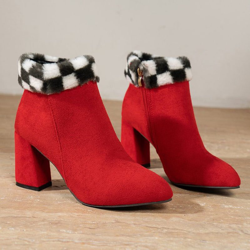 New Plaid Print Plush Ankle Boots