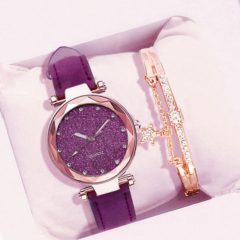 Starry Sky Wrist Watch - bracelet Leather Rhinestone Designer