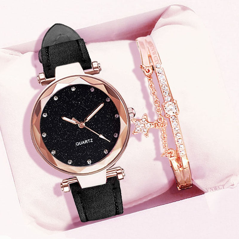Starry Sky Wrist Watch - bracelet Leather Rhinestone Designer
