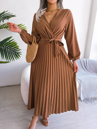 Thumbnail for Women Elegant V Neck Long Sleeve Pleated Maxi Dress