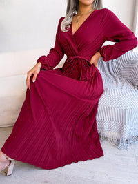 Thumbnail for Women Elegant V Neck Long Sleeve Pleated Maxi Dress