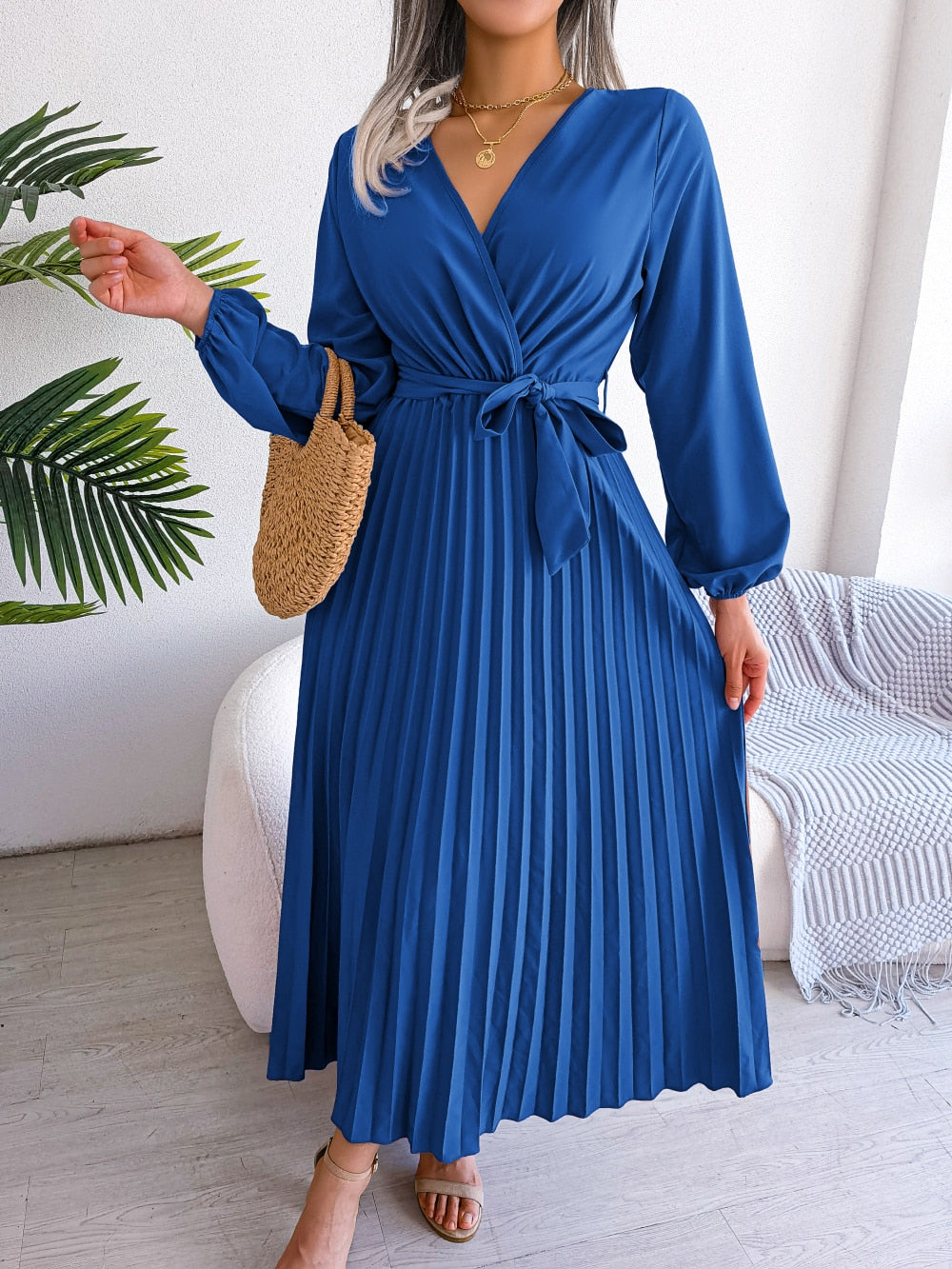 Women Elegant V Neck Long Sleeve Pleated Maxi Dress