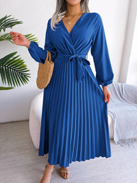 Thumbnail for Women Elegant V Neck Long Sleeve Pleated Maxi Dress