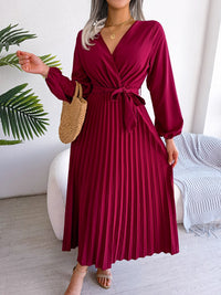 Thumbnail for Women Elegant V Neck Long Sleeve Pleated Maxi Dress