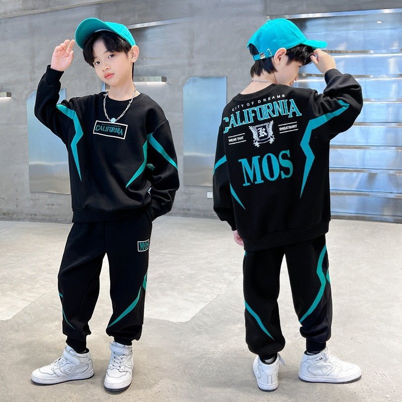 Boys Contrast Alphabet Lightning Sweatshirt+Sweatpant Sets Tracksuit Kids Outfits Jumper Pant For 5-15 Years - NetPex