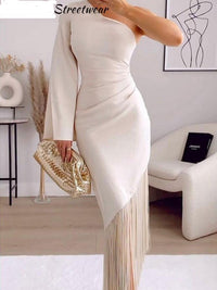 Thumbnail for Elegant Tassels Party Dress Women One-shoulder Slim - NettPex