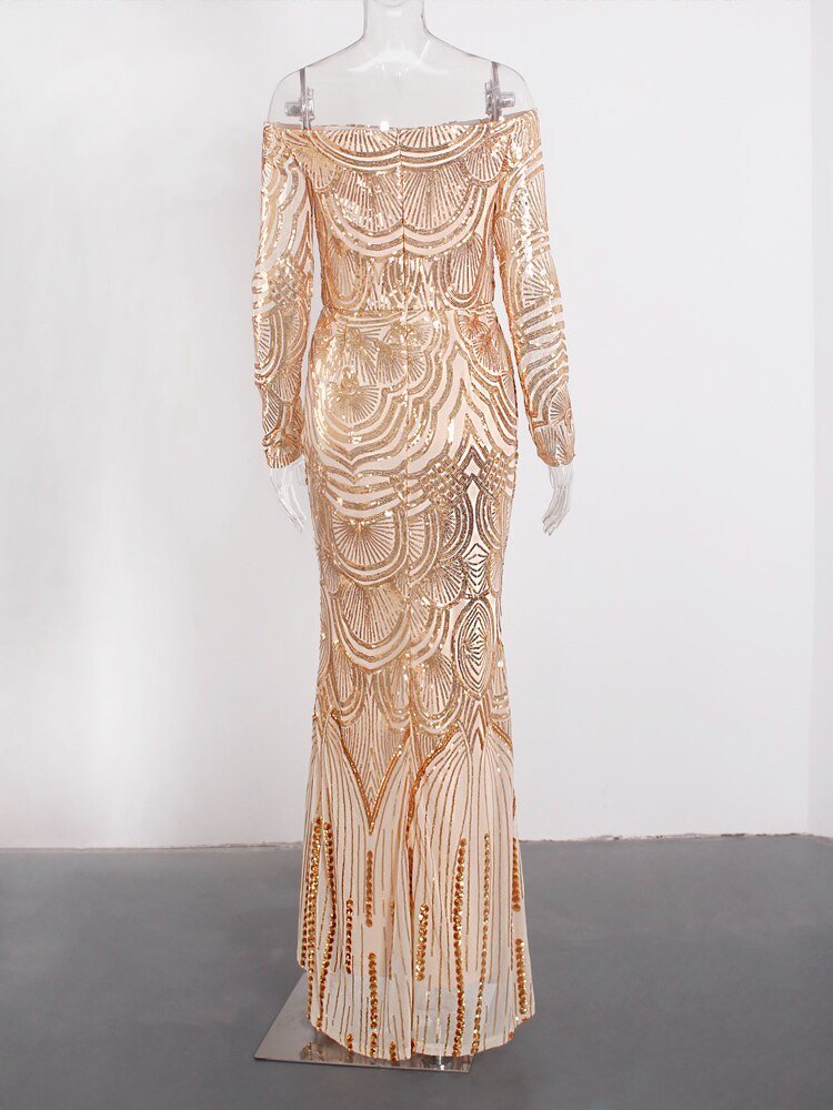 Off-Shoulder Gold Stretch Sequin Maxi Dresses. - NettPex