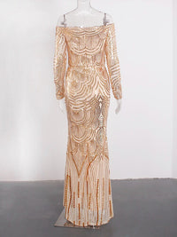 Thumbnail for Off-Shoulder Gold Stretch Sequin Maxi Dresses. - NettPex